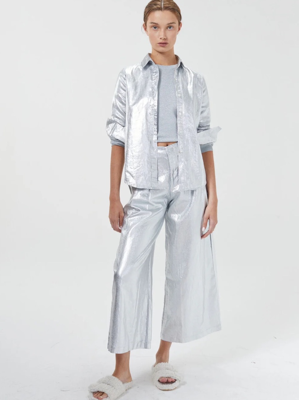 WOMEN’S LANHTROPY METALLIC SILVER CULOTTE WIDE LEG CROPPED HIGH RISE LINEN PANT